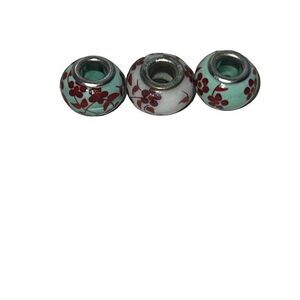 Vintage 3 Piece Hand Blown Glass Beads Floral Charm Jewelry Accessories